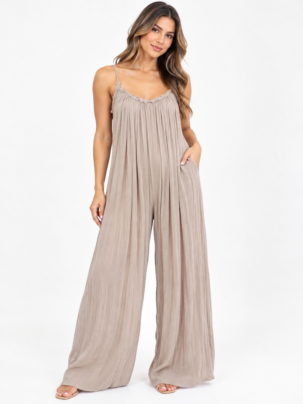 Charlie Paige Taupe Pleated Wide-Leg Jumpsuit